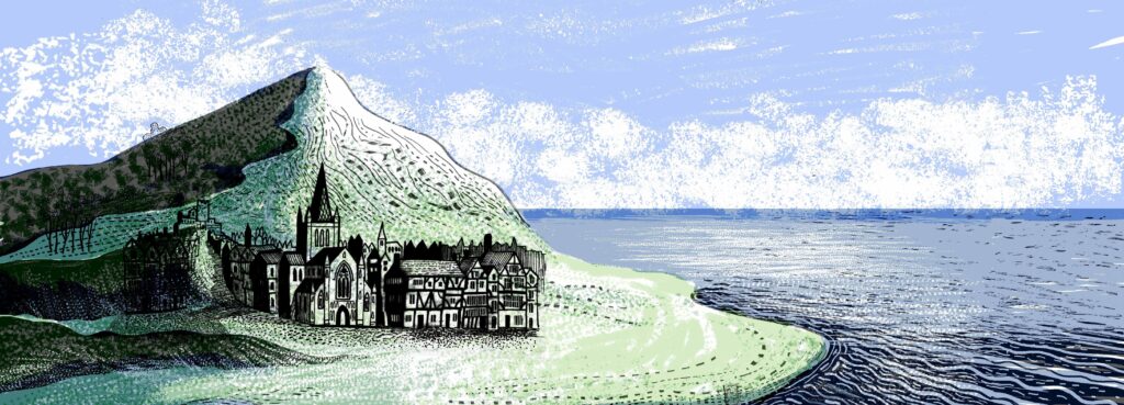 Illustrated landscape - grass, mountain and water and a collection of historical buildings