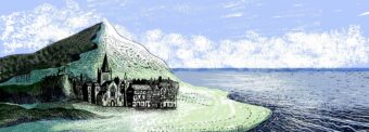 Illustrated landscape - grass, mountain and water and a collection of historical buildings