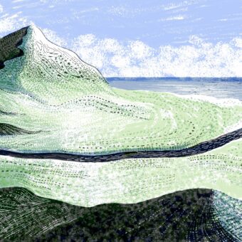 Illustrated landscape - grass, mountain and water