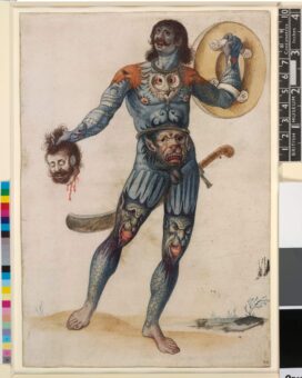 Illustration of a blue painted man holding a severed human head
