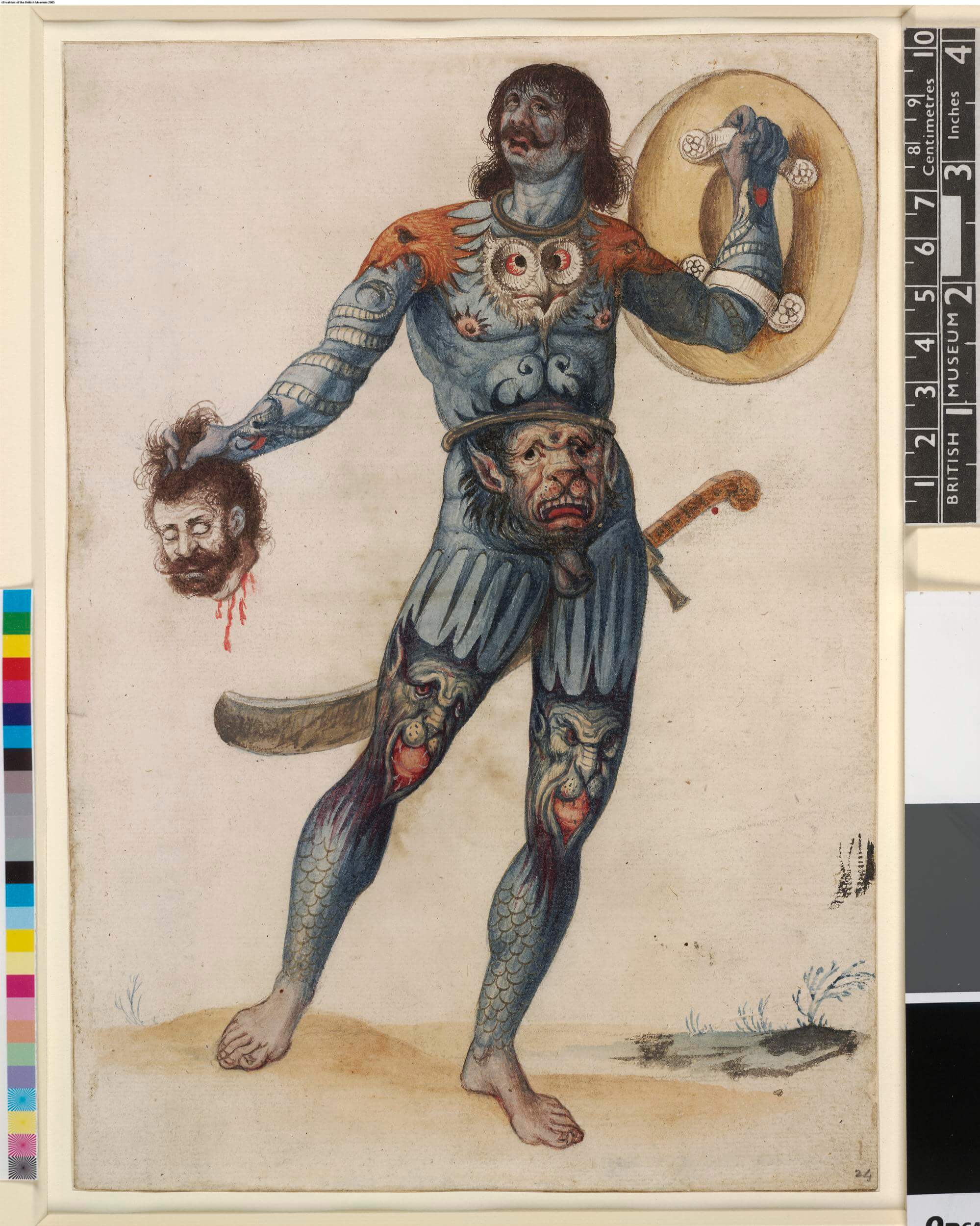 Illustration of a blue painted man holding a severed human head