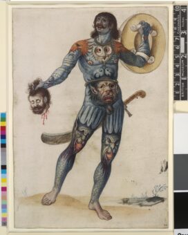 Illustration of a blue painted man holding a severed human head