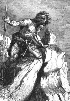 Black and white illustration of an early medieval tribesperson