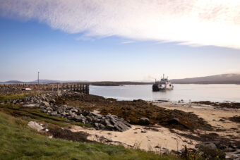 Photo of a ferry off an island