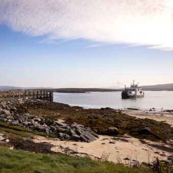 Photo of a ferry off an island