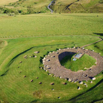 Aerial photo of a henge monument and burial cairn