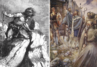 Black and white image of a tribesperson from Britain and an illustration of a Christian missionary preaching to tribespeople