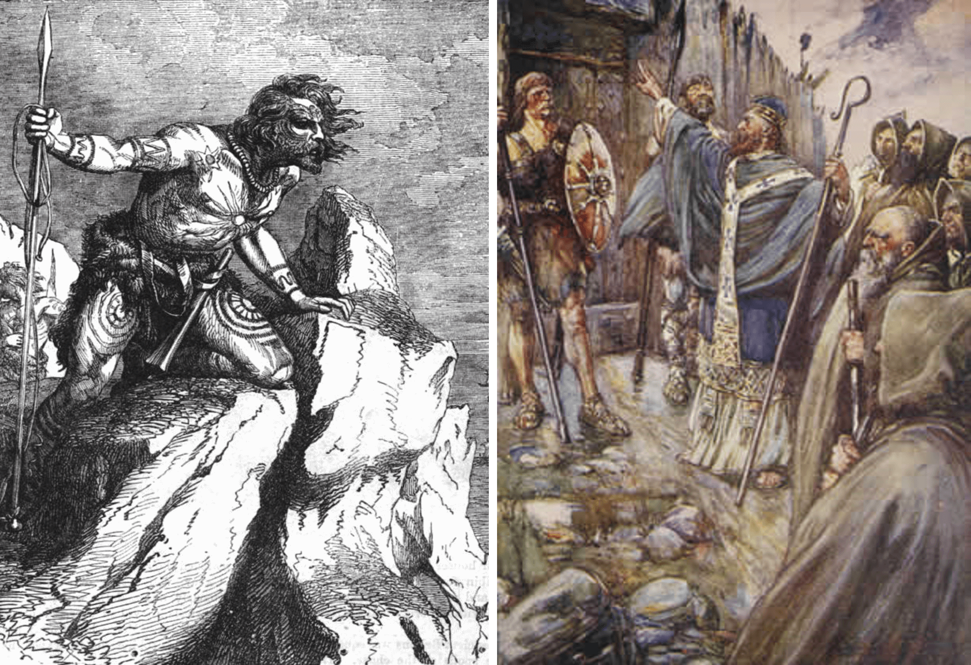Black and white image of a tribesperson from Britain and an illustration of a Christian missionary preaching to tribespeople