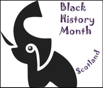 Black and white logo of an elephant lifting its trunk with Black History Month Scotland written on it