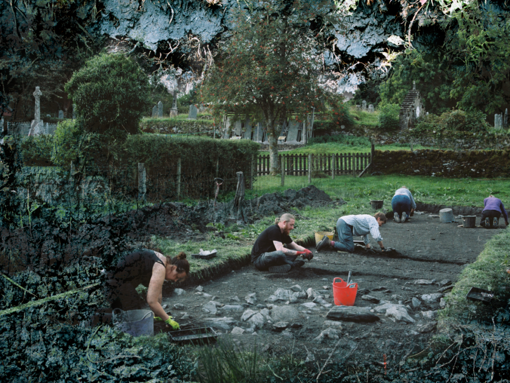 People digging in a trench overlaid with natural textures