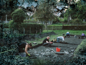 People digging in a trench overlaid with natural textures