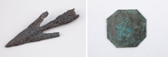 Collage of a barbed iron arrowhead and an octagonal flat metal object