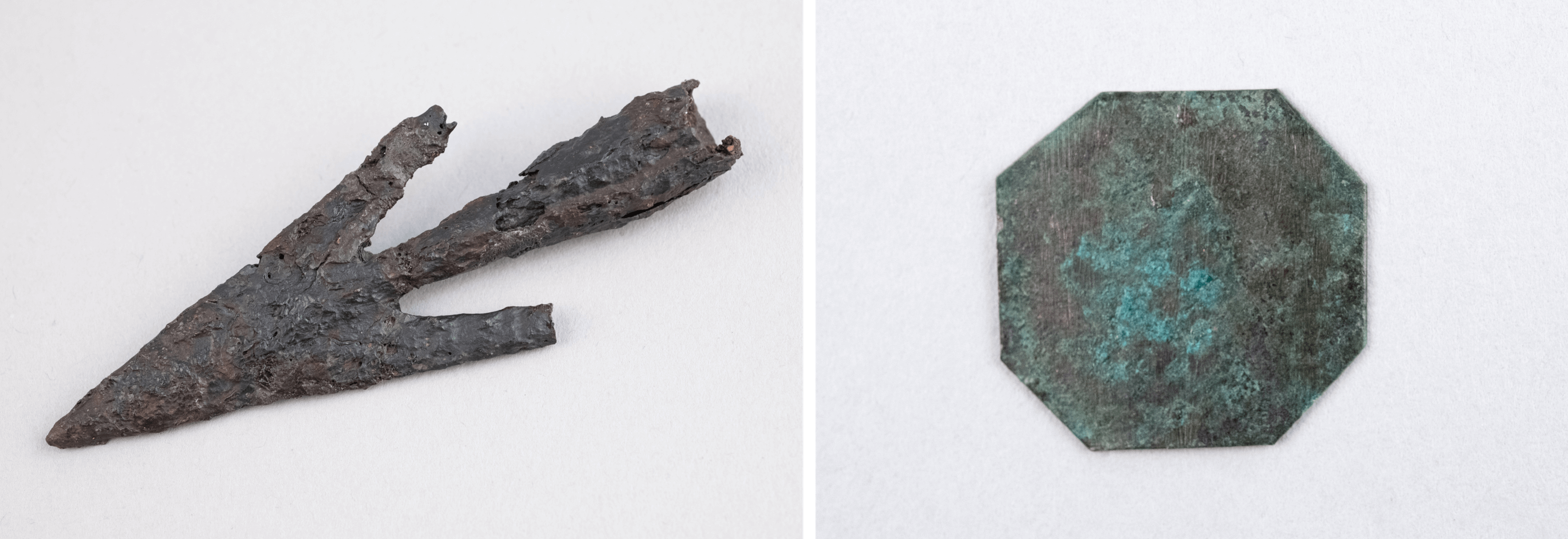 Collage of a barbed iron arrowhead and an octagonal flat metal object