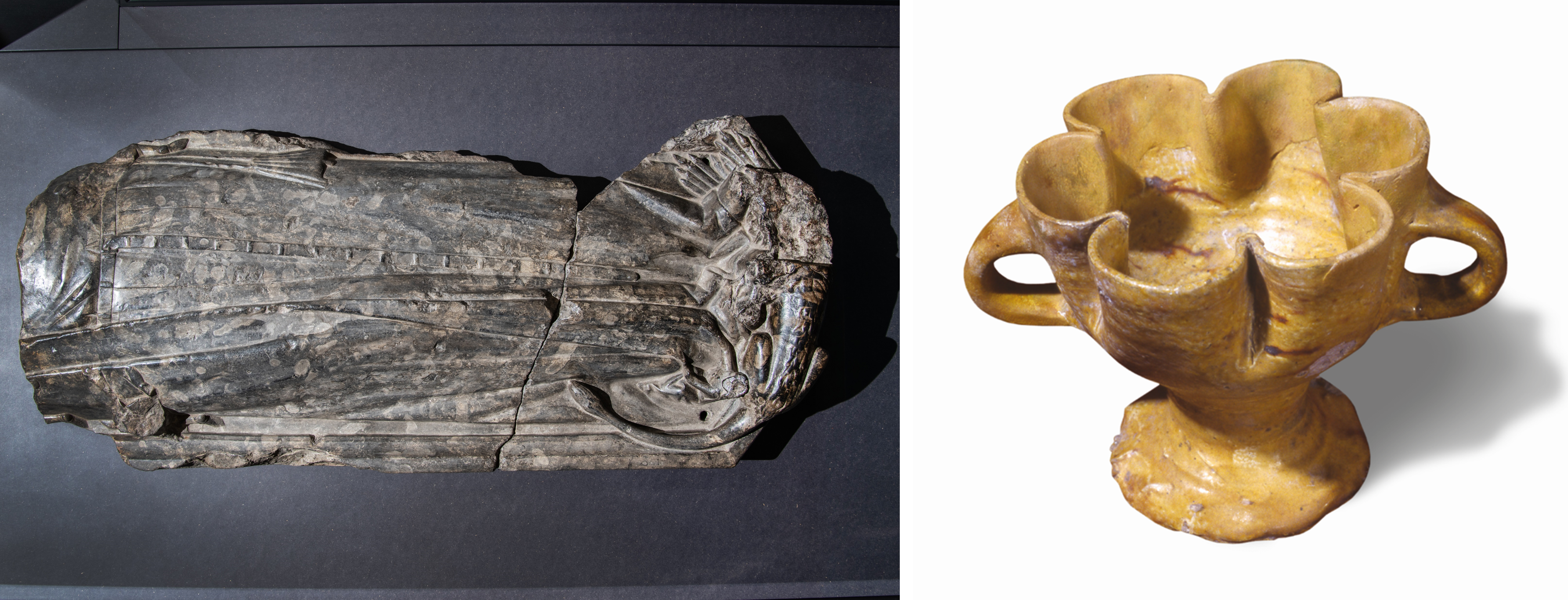 Collage of a stone grave effigy missing its head, and a lobed cup
