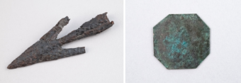 Collage of a barbed iron arrowhead and an octagonal flat metal object