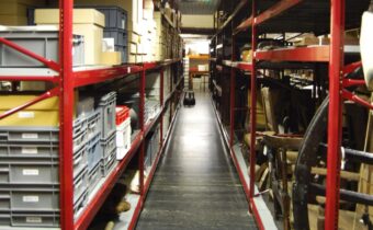 Shelves with boxes and items on them
