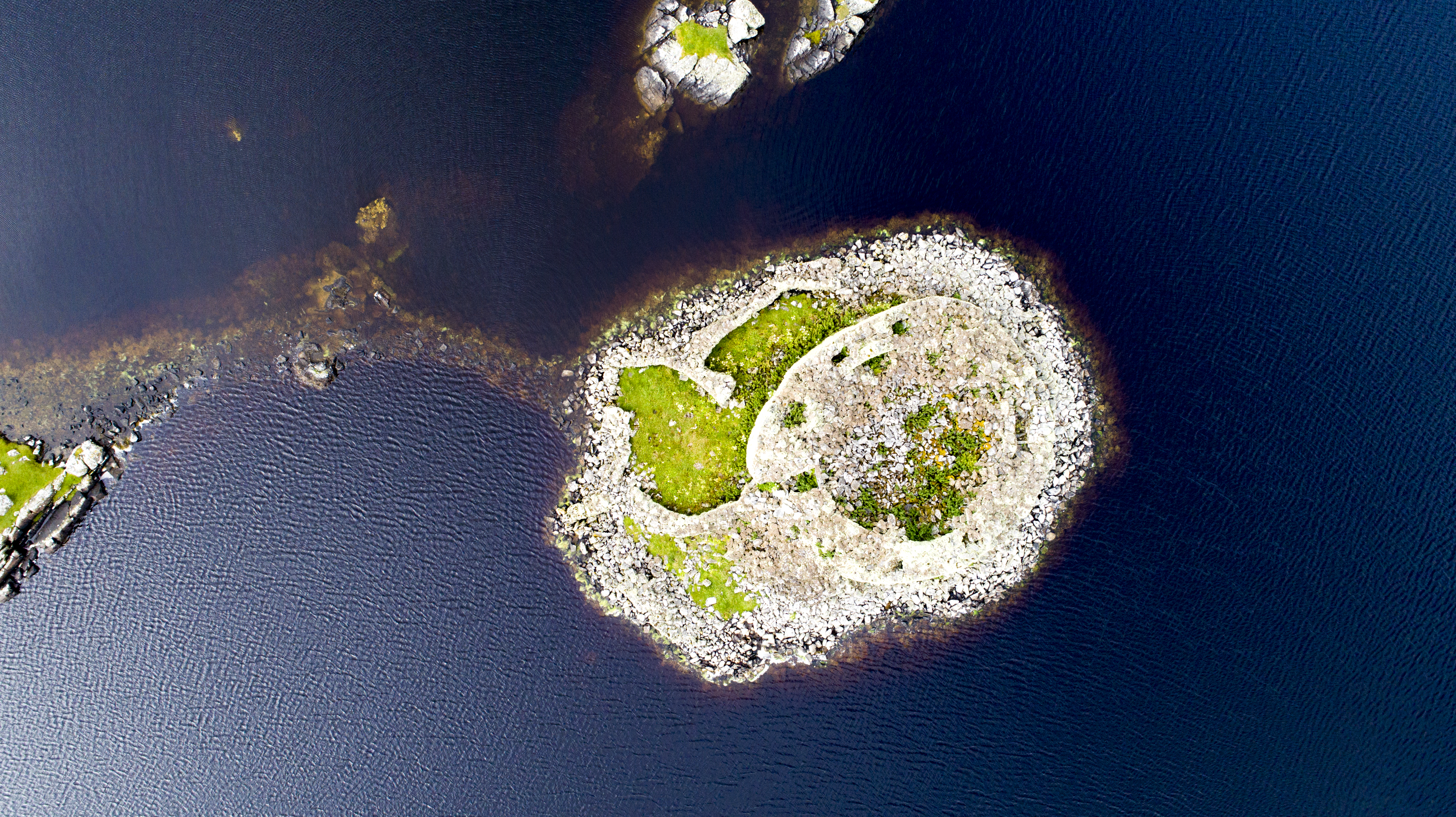 Aerial image of an artificial island in a loch