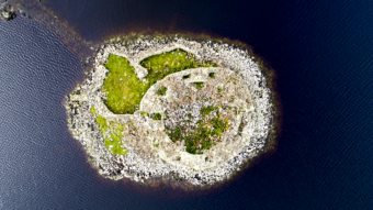 Aerial image of an artificial island in a loch