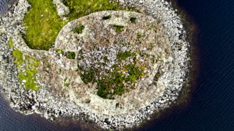 Aerial image of an artificial island in a loch