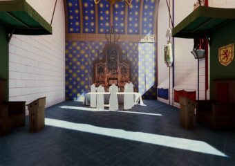 Digital reconstruction of a stone chapel complete with painted ceiling and furnishings