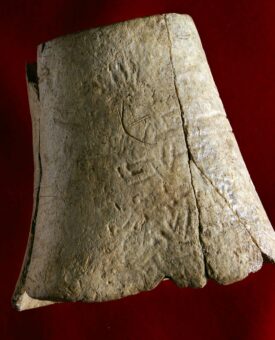Photo of a carved bone featuring a deer-like animal