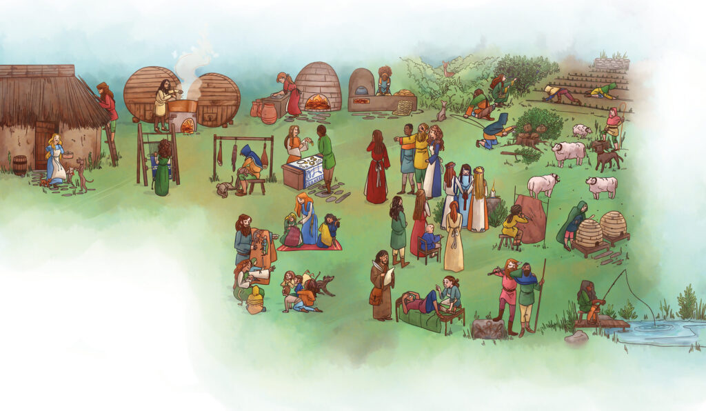 Illustration of Pictish people outdoors demonstrating different skills such as gathering and healing