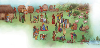 Illustration of Pictish people outdoors demonstrating different skills such as gathering and healing