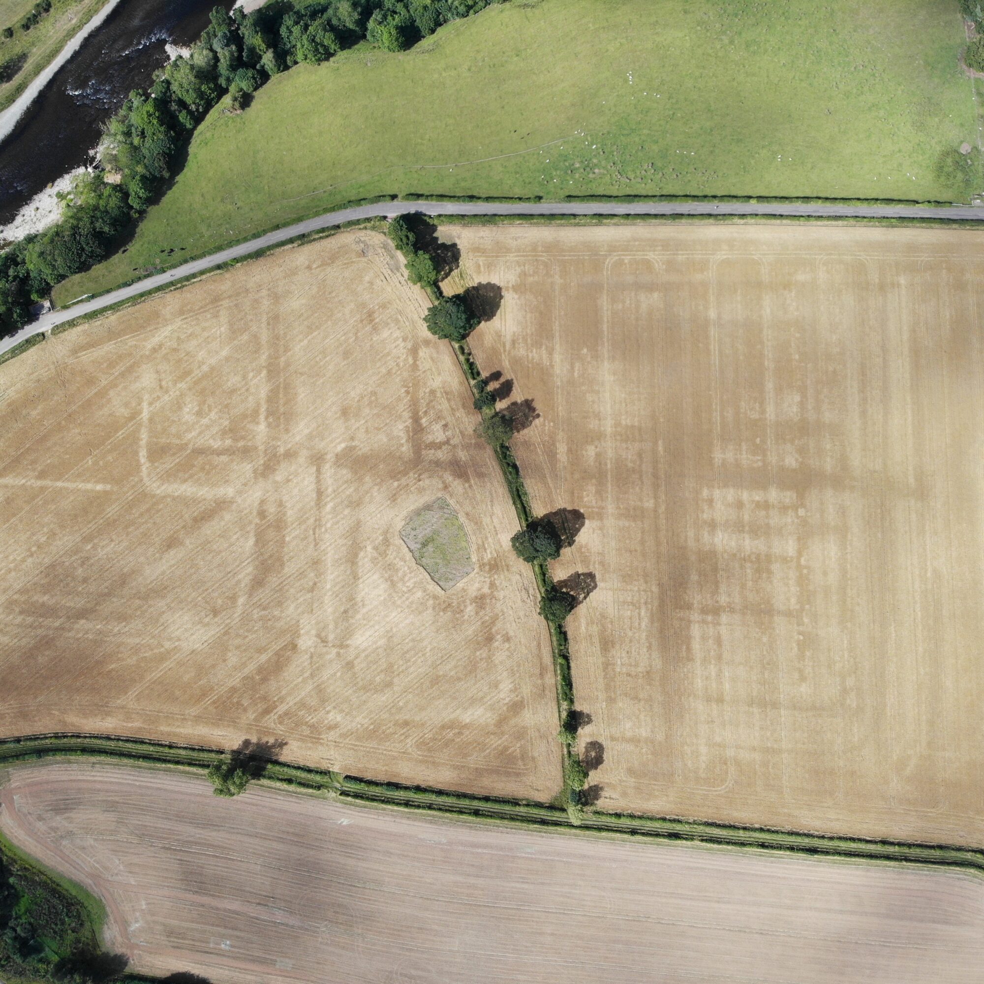 Aerial photo of fields featuring the remains of a Roman fort
