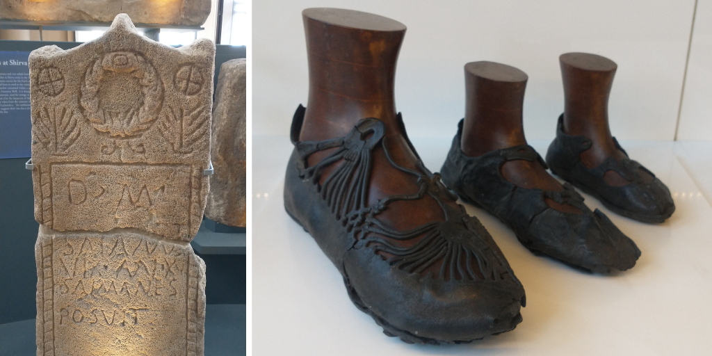 Collage of two photos, one of an ancient Roman gravestone with Latin lettering and one of three ancient leather sandals in a glass case