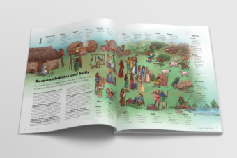 Illustration of Pictish people outdoors demonstrating different skills such as gathering and healing