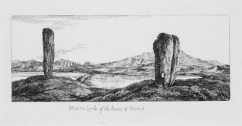 Black and white sketch of a tall standing stone in the middle of a rugged landscape