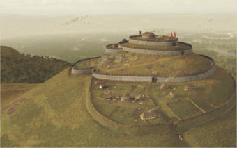 Illustration of a prehistoric hillfort on top of a mountain