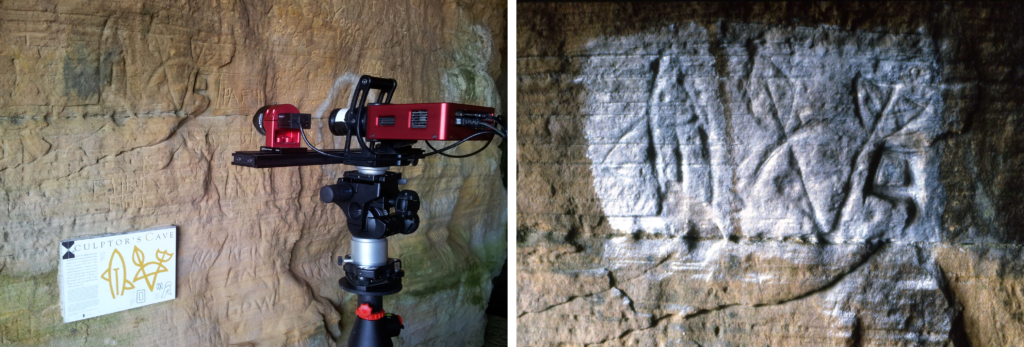 Collage of two photos: left - a laser scanner on a tripod scanning a cave wall. Right - carved symbols on a cave wall