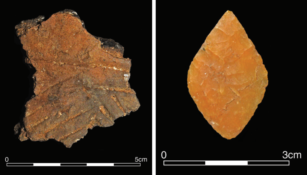 Collage of two photos: left - a sherd of grooved pottery; right - a leaf-shaped stone arrowhead