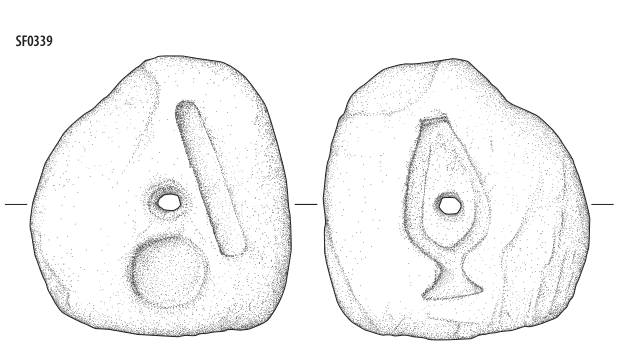 Illustration of two circular stones with designs cut into it