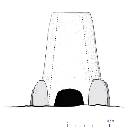 Illustration of a tower-shaped object with a hole at the bottom and stones around it