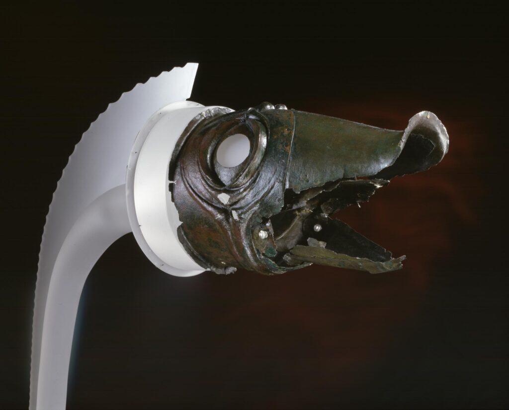 The Deskford carnyx is the head of an Iron Age trumpet. Found in the north-east of Scotland around 1816, it is a masterpiece of early Celtic art, shaped to resemble a wild boar with its upturned snout and decoration mirroring the folds of skin around a boar’s face. It is a complex composite construction, wrought from sheet bronze and brass.