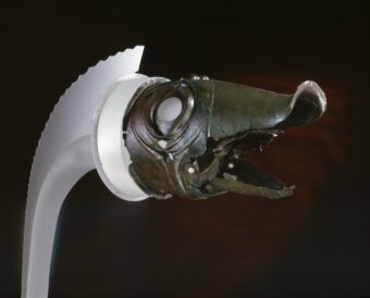 The Deskford carnyx is the head of an Iron Age trumpet. Found in the north-east of Scotland around 1816, it is a masterpiece of early Celtic art, shaped to resemble a wild boar with its upturned snout and decoration mirroring the folds of skin around a boar’s face. It is a complex composite construction, wrought from sheet bronze and brass.