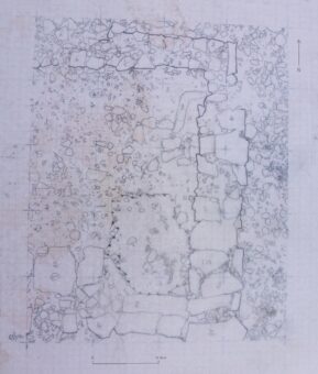Drawing of a birds-eye-view of an excavated site