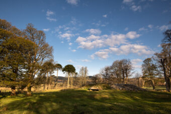 Photo of a stony cairn in the evening sun in a wooded clearing