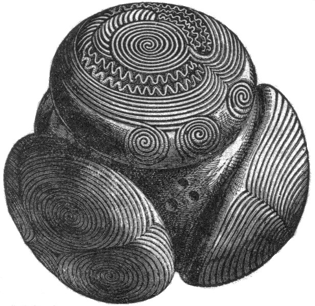 Black and white pencil sketch of a carved stone ball with spiral decoration