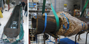 Photo of a huge wooden logboat arriving in a museum for conservation, and an image of a third of the logboat being preserved