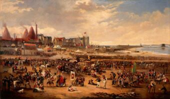 Painting of a day at the races with industrial buildings in the background