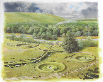 Reconstruction drawing of a prehistoric fort in the countryside