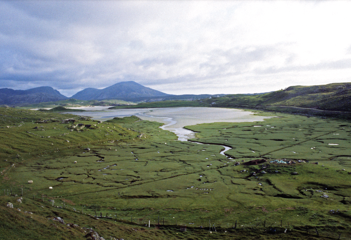 Landscape photo of a watery marsh looking out to the sea with mountains in the background