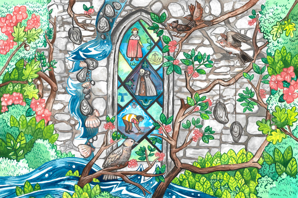 Illustration depicting a window in a stone wall with three people (a king, a friar with a uniquely Franciscan three knotted girdle (belt), and an archaeologist) and various symbols in the panes (including the Inverkeithing seal), surrounded by water, birds, foliage and hanging oyster shells