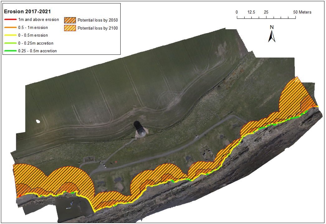 Computer model showing how much erosion had affected the coastline in 50 and 100 years