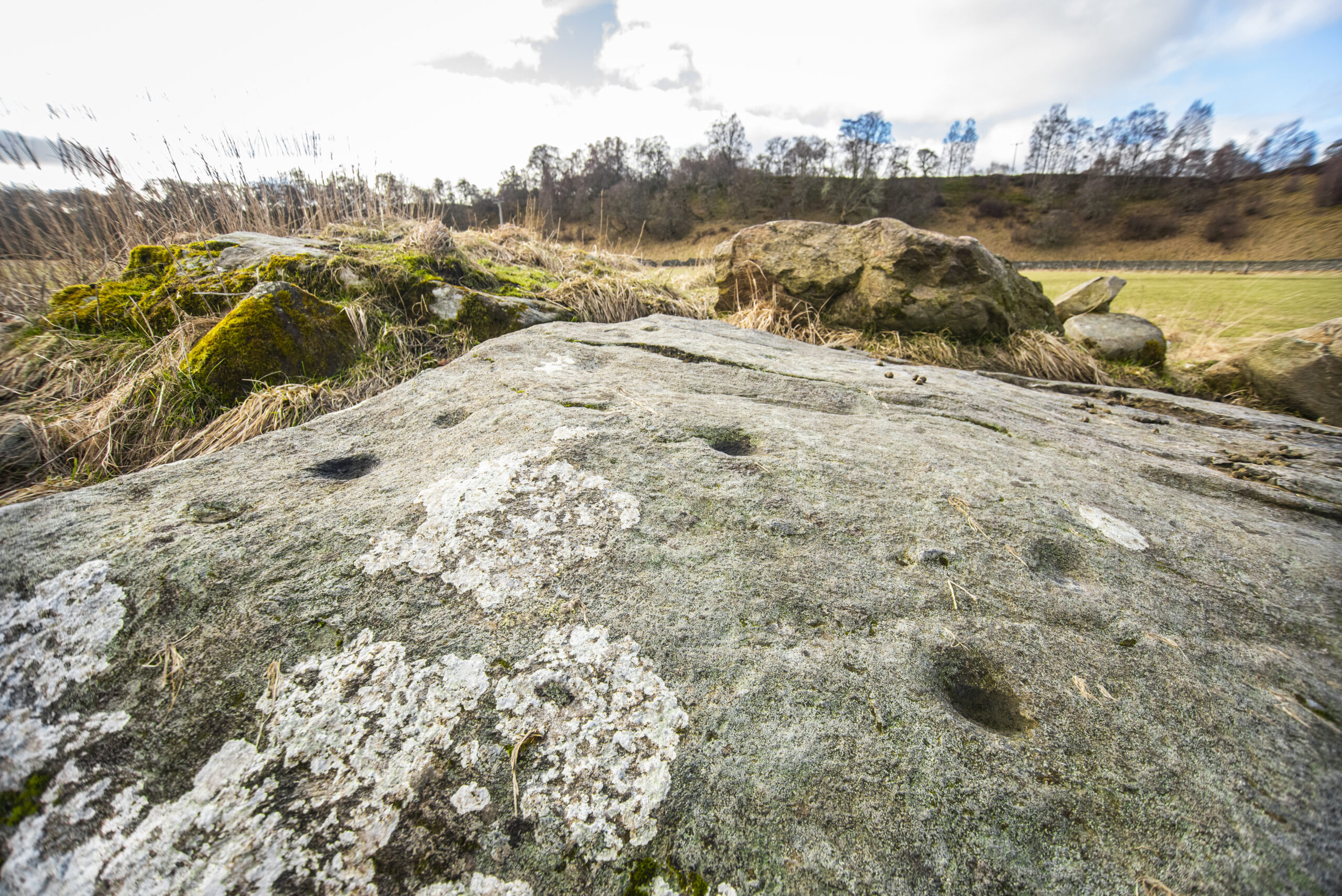 Photo of a flat grey slab in a field with small round marks