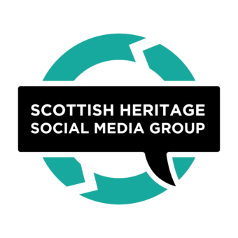 Words Scottish Heritage Social Media Group in a speech bubble with a turquoise circle behind it