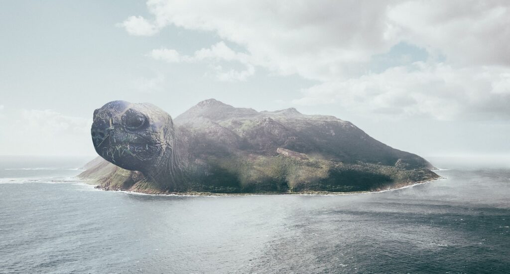 Graphic of a turtle with an island on its back